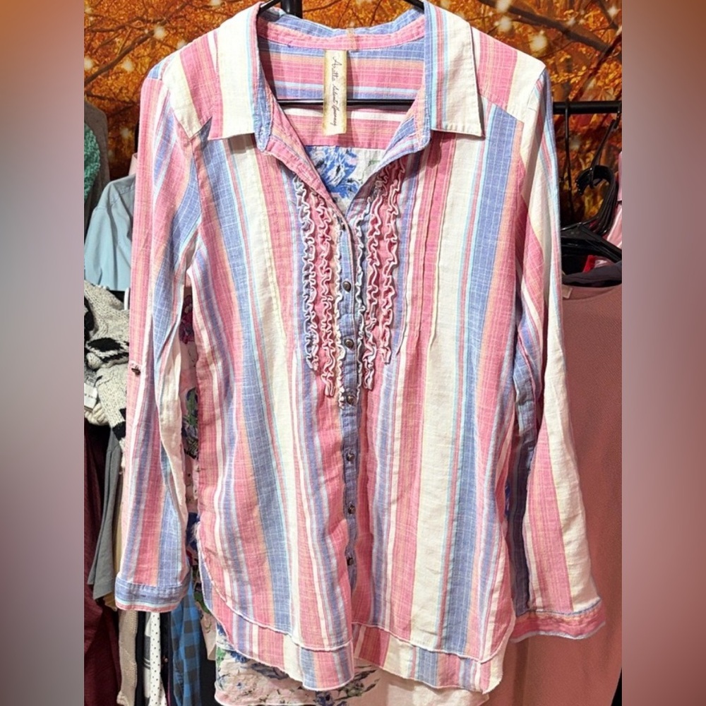 Aratta Silent Journey Embroidered Floral Bird Button Up Striped Blouse